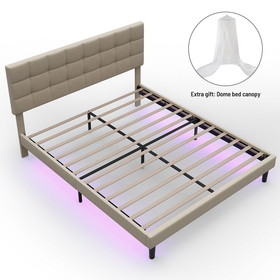 Queen Size Upholstered Platform Bed Linen Bed Frame with Lights Square Stitched Adjustable Headboard Strong Bed Slats System No Box Spring Needed Beige W69167507
