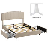 Queen Size Upholstered Platform Bed Linen Bed Frame with 2 Drawers Stitched Padded Headboard with Rivets Design Strong Bed Slats System No Box Spring Needed Beige W69167515