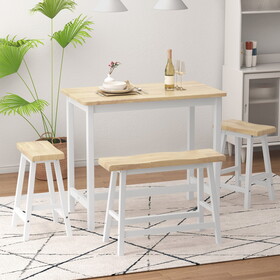 Modern Bar Dining Table Set for 4 All Rubber Wood Kitchen Bistro Counter Height Table Bench Stool for Dining Room Small Space Natural Color & White W69177224