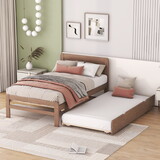 Wooden Twin Size Platform Bed Frame with Trundle for Walnut Color