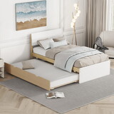 Modern Twin Bed Frame with Trundle for White High Gloss Headboard and Footboard with Light Oak Color W697131325
