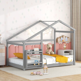 Twin Size Wood House Bed for Kids,Twin Floor Wooden Bed with Shelf, No Box Spring Needed,for Kids,Gray