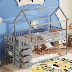 Twin/Twin House Bunk Bed With Shelves And Drawers For Grey Color W697S00032