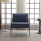 Chenille Fabric Armchair, Retro Leisure Accent Chair with Extra Soft Padded and Cushion, Modern Reading Arm Chair with Black Metal Frame, Blue W714P195327