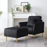 Black Velvet Armchair with Ottoman Single Sofa Chair and Ottoman Set, Comfy Reading Chair Leisure Lounging Chair for Living Room Bedroom Home Office W714S00090