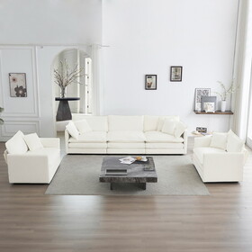 Sofa Set of 3, 1+1+3 Seats Living Room Sofa Set, Accent Chair, Loveseat, and Three-Seat Sofa Style Round Arms 3 Piece Sofa Set, White W714S00265