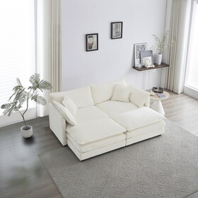 4 - Piece Upholstered Sectional Sofa, 1 - Piece of 2 Seater Sofa and 2- Piece of Ottomans, 2 Seater Loveseat Lounge with Ottomans, White Chenille W714S00270