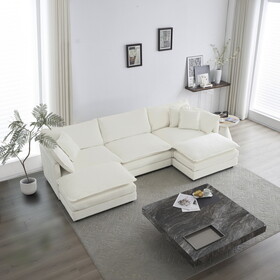 U-Shaped Sectional Sofa w/Reversible Footrest, 5-Seater Convertible Corner Couch with 2 Ottomans,Minimalist Soft Sofa & Couch for Living Room, White W714S00277