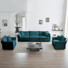 Sofa Set of 3, 1+1+3 Seats Living Room Sofa Set, Accent Chair, Loveseat, and Three-Seat Sofa Style Round Arms 3 Piece Sofa Set, Blue W714S00306