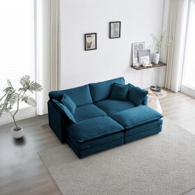 4 - Piece Upholstered Sectional Sofa, 1 - Piece of 2 Seater Sofa and 2- Piece of Ottomans, 2 Seater Loveseat Lounge with Ottomans, Blue Chenille W714S00311