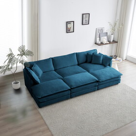 Comfortable Deep Seat Reversible Modular 6 Seater Sectional Super Soft Sofa U Shaped Sectional Couch with 3 Ottomans, 3 Toss Pillows and 2 Arm Pillows, Blue Chenille W714S00319