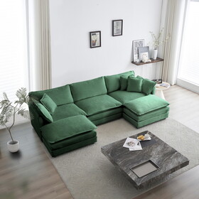 U-Shaped Sectional Sofa w/Reversible Footrest, 5-Seater Convertible Corner Couch with 2 Ottomans,Minimalist Soft Sofa & Couch for Living Room, Green Chenille W714S00339