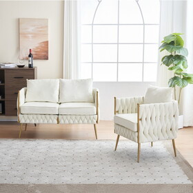 Stylish Handmade Woven Back Upholstered Sofa Set with 1 Accent Chair and 1 Loveseat Sofa, Sofa Set for Living Room and Small Living Spaces, Cream White Velvet W714S00346