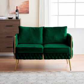 Mid Century Velvet Loveseat Sofa Small Love Seats Handmade Woven & Golden Legs Comfy Couch for Living Room, Upholstered 2 Seater Sofa for Small Apartment, Green Velvet W714S00354