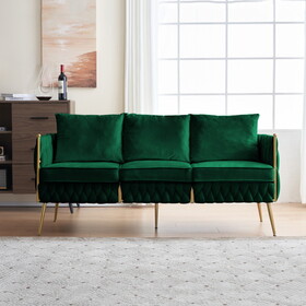 Velvet Couch Sofa for Three People, Upholstered Sofa with Stylish Woven Back, Small Comfy Couch with 3 Pillows, 3-Seat Sofa with Gold Frame for Living Room, Green Velvet W714S00355