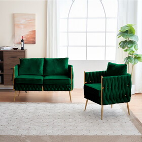 Stylish Handmade Woven Back Upholstered Sofa Set with 1 Accent Chair and 1 Loveseat Sofa, Sofa Set for Living Room and Small Living Spaces, Green Velvet W714S00356