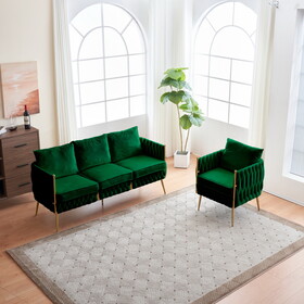 Handmade Woven Velvet Back and Sides Sofa Set, One Accent Chair and One 3 Seater Sofa, Gold Frame and Gold Legs, Living Room Sofa Sets for Living Room, Green Velvet W714S00357