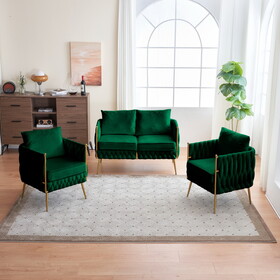 Comfy Handmade Bucket Woven Fluffy Tufted Upholstered Sofa Set Living Room, 2 Accent Chair and 1 Two Seater Sofa, Green Velvet W714S00358