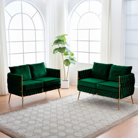 2 Pieces of Loveseat Set Living Room Furniture Set Sofa Couch with Dutch Velvet, Golden Metal Legs and Handmade Woven Back, Green Velvet W714S00361