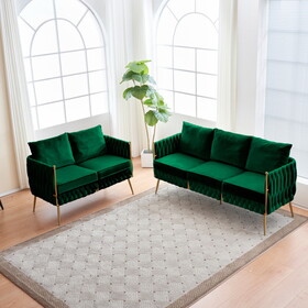 2 Pieces Velvet Sofa Couch Set, Comfy Lovesea and 3 Seater Sofa,Upholstered 2 Seater Sofa with 3 Seater Couch, Handmade Woven Back Couch Set for Living Room, Green Velvet W714S00362