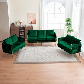 3 Piece Velvet Upholstered Living Room Set with 3-Seater Sofa and 2 Loveseats, Handmade Woven Tufted Back and Arms, Golden Metal Legs, Green Velvet W714S00363