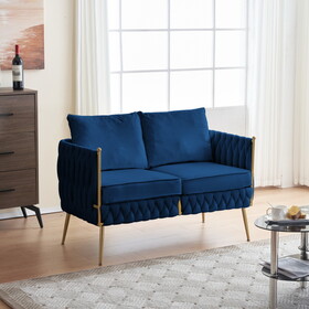 Mid Century Velvet Loveseat Sofa Small Love Seats Handmade Woven & Golden Legs Comfy Couch for Living Room, Upholstered 2 Seater Sofa for Small Apartment, Blue Velvet W714S00364