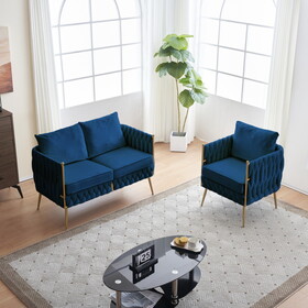 Stylish Handmade Woven Back Upholstered Sofa Set with 1 Accent Chair and 1 Loveseat Sofa, Sofa Set for Living Room and Small Living Spaces, Blue Velvet W714S00366