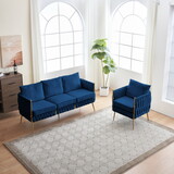 Handmade Woven Velvet Back and Sides Sofa Set, One Accent Chair and One 3 Seater Sofa, Gold Frame and Gold Legs, Living Room Sofa Sets for Living Room, Blue Velvet W714S00367