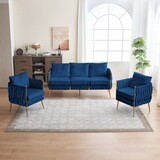 Velvet Sofa Set with Gold Legs, 2 Pieces of Accent Chair and One piece of 3-Seater Sofa for Living Room, Comfy Upholstered Couch Set, Velvet Handmade Woven Back, Blue Velvet W714S00369