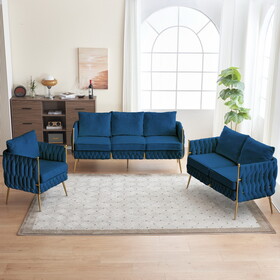 3-Piece Velvet Upholstered Handmade Woven Back Sofa Sets with Sturdy Metal Legs, Including Three Seat Couch Loveseat, and Single Chair for Living Room, Blue Velvet W714S00370