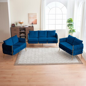 3 Piece Velvet Upholstered Living Room Set with 3-Seater Sofa and 2 Loveseats, Handmade Woven Tufted Back and Arms, Golden Metal Legs, Blue Velvet W714S00373