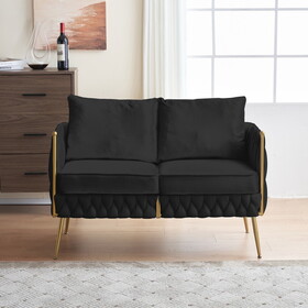 Mid Century Velvet Loveseat Sofa Small Love Seats Handmade Woven & Golden Legs Comfy Couch for Living Room, Upholstered 2 Seater Sofa for Small Apartment, Black Velvet W714S00374