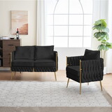 Stylish Handmade Woven Back Upholstered Sofa Set with 1 Accent Chair and 1 Loveseat Sofa, Sofa Set for Living Room and Small Living Spaces, Black Velvet W714S00376