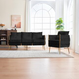 Handmade Woven Velvet Back and Sides Sofa Set, One Accent Chair and One 3 Seater Sofa, Gold Frame and Gold Legs, Living Room Sofa Sets for Living Room, Black Velvet W714S00377
