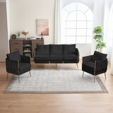Velvet Sofa Set with Gold Legs, 2 Pieces of Accent Chair and One piece of 3-Seater Sofa for Living Room, Comfy Upholstered Couch Set, Velvet Handmade Woven Back, Black Velvet W714S00379