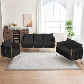 3-Piece Velvet Upholstered Handmade Woven Back Sofa Sets with Sturdy Metal Legs, Including Three Seat Couch Loveseat, and Single Chair for Living Room, Black Velvet W714S00380