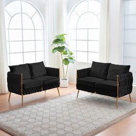 2 Pieces of Loveseat Set Living Room Furniture Set Sofa Couch with Dutch Velvet, Golden Metal Legs and Handmade Woven Back, Black Velvet W714S00381