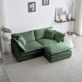 Chenille Two-Seater Sofa with 1 Footrest, 2 Seater L-Shaped Sectional with Ottoman, Loveseat with Ottoman for Small Living Space, Green Chenille W714S00457
