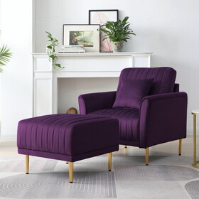 Accent Chair with Ottoman, Modern Tub Arm Chair Footstool Set for Living Room Bedroom, Golden Finished Legs, Purple Velvet W714S00471