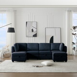 Adjustable Arms and Backs Modern U-Shape Linen Couch Modular Sectional Sofa Couch with Storage Seat, Large Convertible Sofa with Reversible Chaise for Living Room Apartment Office, Blue