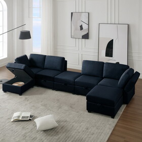 Modular Sectional Sofa U Shaped Sectional Couch with Ottoman, 7 Seat Modular Sofa with Chaise for Living Room, Adjustable Arms and Backs - Blue