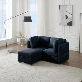 Space Saving Small Sectional Sofa with Ottoman, 2 Seater Sofa with 1 Ottoman, All Seats and Ottomans with Storage Function - Blue