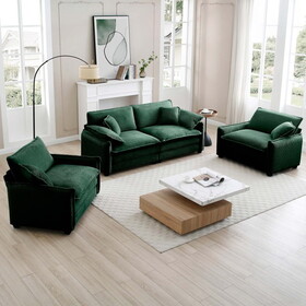 Luxurious and Sophisticated Sofa Set with Soft Cushions and Pillows, Sofa Set for Living Rooms and Clubs as well as Home Theaters, Consisting of Two Single Sofas and a 2-Seaters Sofas inGreen Corduro