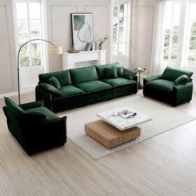 Warm and Cozy Sofa Set with Soft Cushions and Pillows, Home Theater Style Sofa Set Consisting of a 3-Seater Sofa and Two Single Sofas inGreen Corduroy Fabric W714S00726