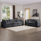 Modern Fabric Living Room Sofa Two Piece Set, Two 2-Seater Sofas with 8 Cushion Upholstery Large Deep Seat Recliner, Grey Corduroy Fabric