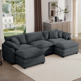 Oversized Modular Cushion Sofa, Portable Ottoman, L-Shaped Corner Low Back Deep Seating Spacious Sofa Set and Sofa Bed for Home Apartment Living Room Set, Grey Corduroy