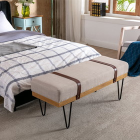 Linen Fabric soft cushion Upholstered solid wood frame Rectangle bed bench with powder coating metal legs,Entryway footstool W72835703