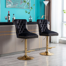 Swivel Bar Stools Chair Set of 2 Adjustable Counter Height Bar Stools, Velvet Upholstered Stool with Tufted High Back & Ring Pull for Kitchen, Chrome Golden Base, Black W72847445