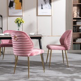 Dining Chair Set of 2, Woven Velvet Upholstered Side Chairs with Barrel Backrest and Gold Metal Legs, Accent Chairs for Living Room Bedroom, Pink