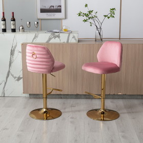 Swivel Bar Stools Chair Set of 2 Adjustable Counter Height Bar Stools, Velvet Upholstered Stool with Tufted High Back & Ring Pull for Kitchen, Chrome Golden Base, Pink